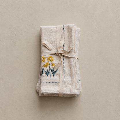 Flower Embroidered Cotton Napkins (Set of 4)