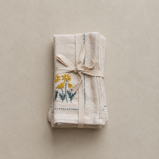 Flower Embroidered Cotton Napkins (Set of 4)