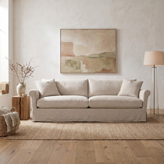 Freya Slipcover Sofa in Natural Linen, styled at home
