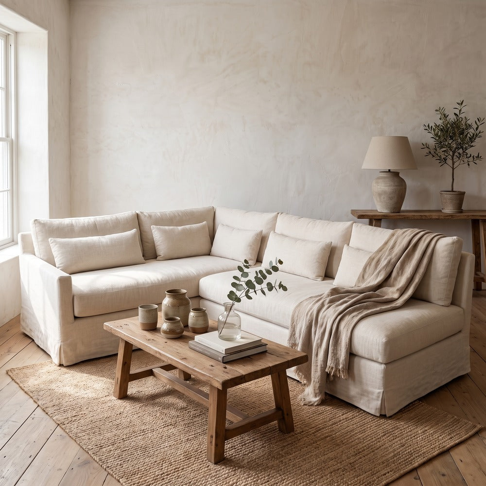 Juniper Signature Sectional in Bonanza Natural, styled at home