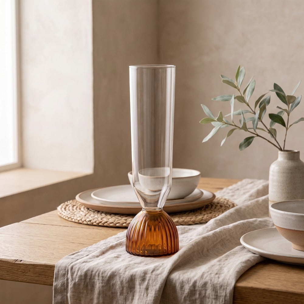 Kairos Champagne Flute, Amber, styled at home