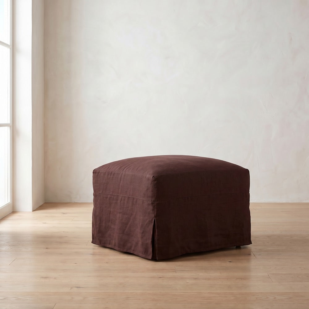 Lilah Slipcover Ottoman in Burgundy Linen