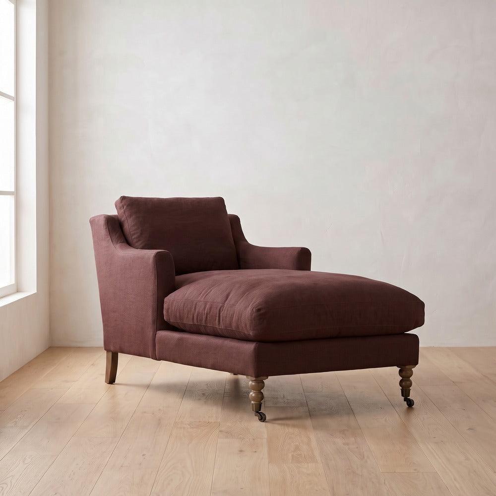 Madeline Chaise Chair in Burgundy Linen