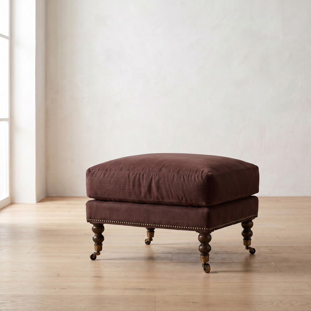 Madeline Ottoman in Burgundy Linen