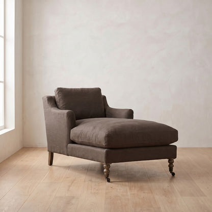 Madeline Short Skirt Chaise Chair in Bark Linen