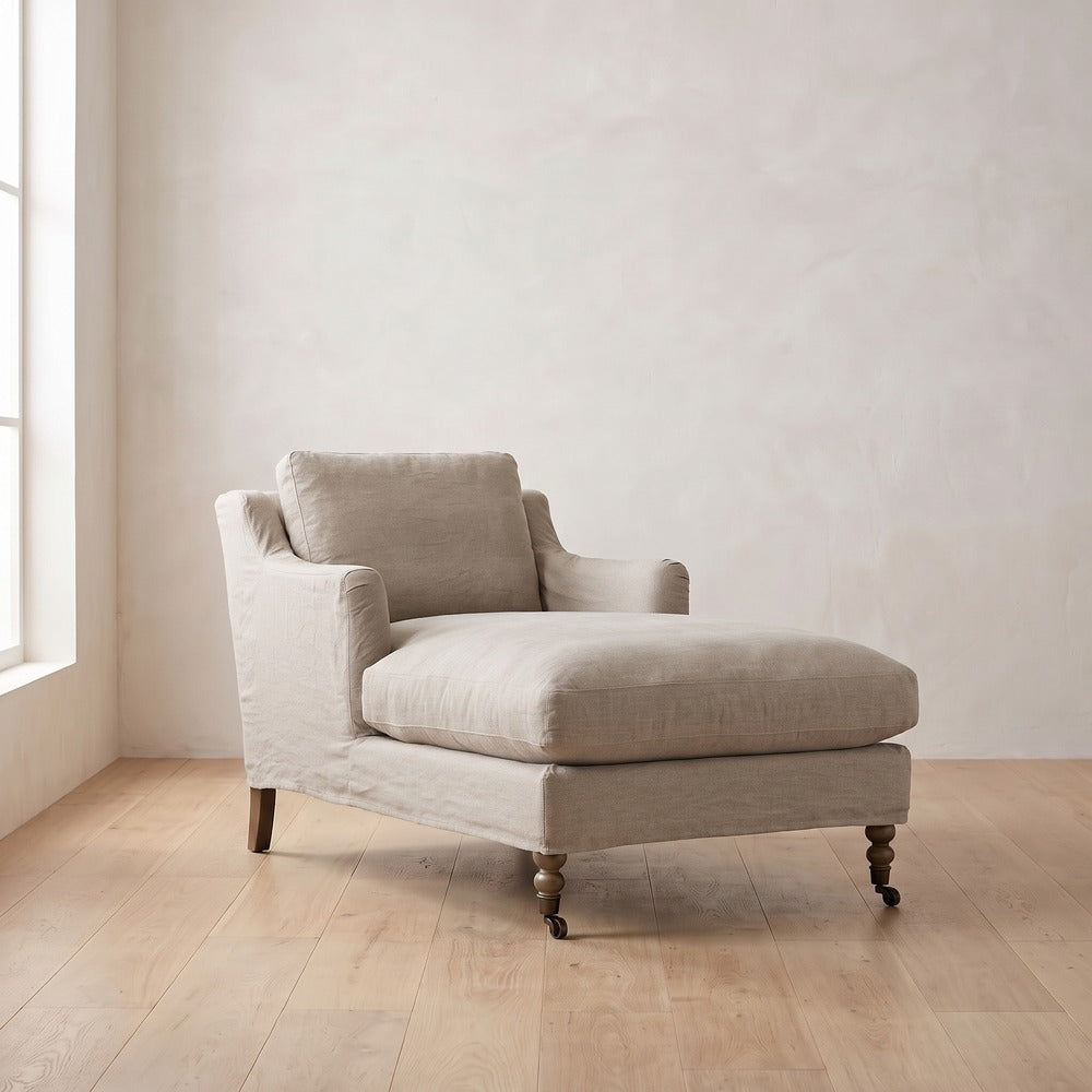 Madeline Short Skirt Chaise Chair in Natural Linen