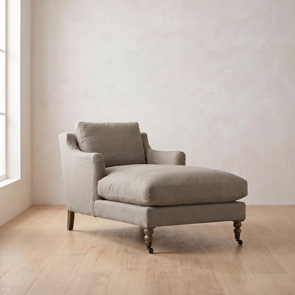 Madeline Short Skirt Chaise Chair in Putty Linen