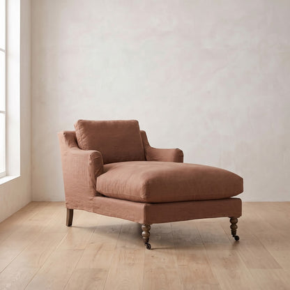 Madeline Short Skirt Chaise Chair in Terracotta Linen