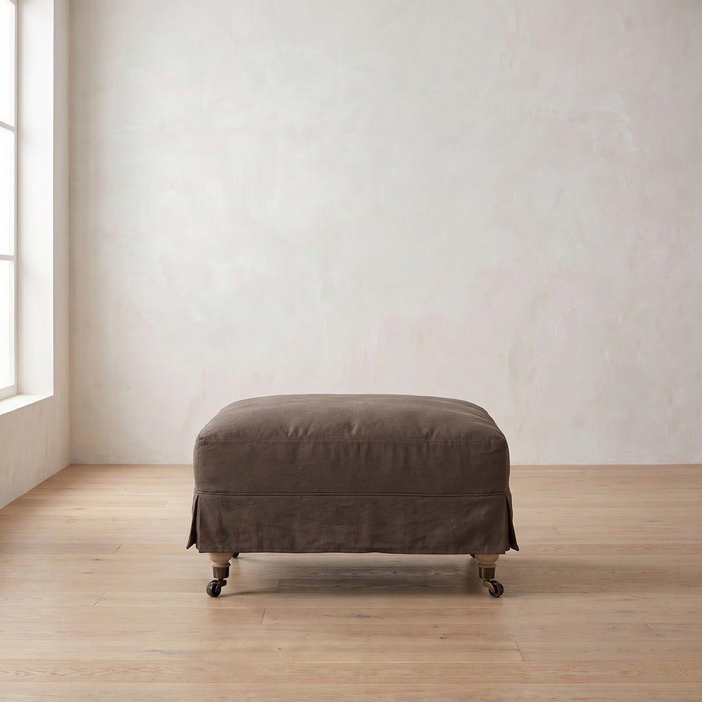 Madeline Short Skirt Ottoman in Bark Linen