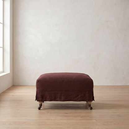 Madeline Short Skirt Ottoman in Burgundy Linen