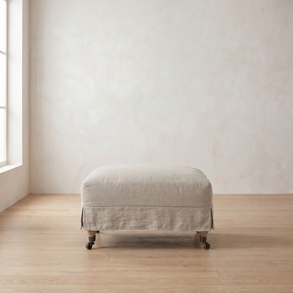 Madeline Short Skirt Ottoman in Natural Linen