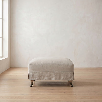 Madeline Short Skirt Ottoman in Natural Linen