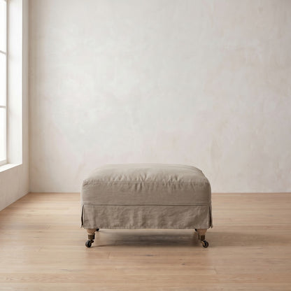 Madeline Short Skirt Ottoman in Putty Linen