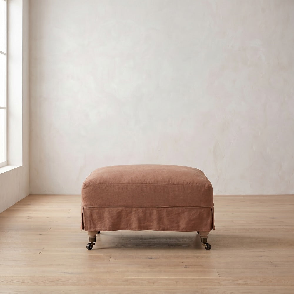 Madeline Short Skirt Ottoman in Terracotta Linen