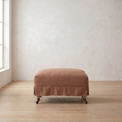 Madeline Short Skirt Ottoman in Terracotta Linen