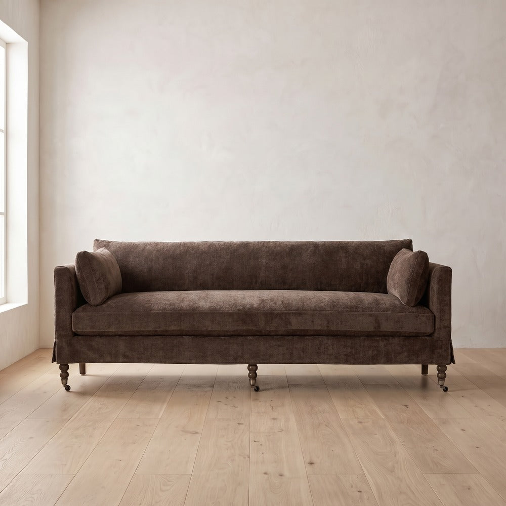 Madeline Short Skirt Settee in Bark Chenille