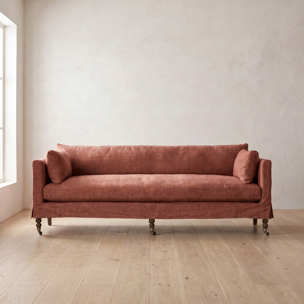 Madeline Short Skirt Settee in Brick Chenille