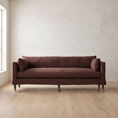 Madeline Short Skirt Settee in Burgundy Linen