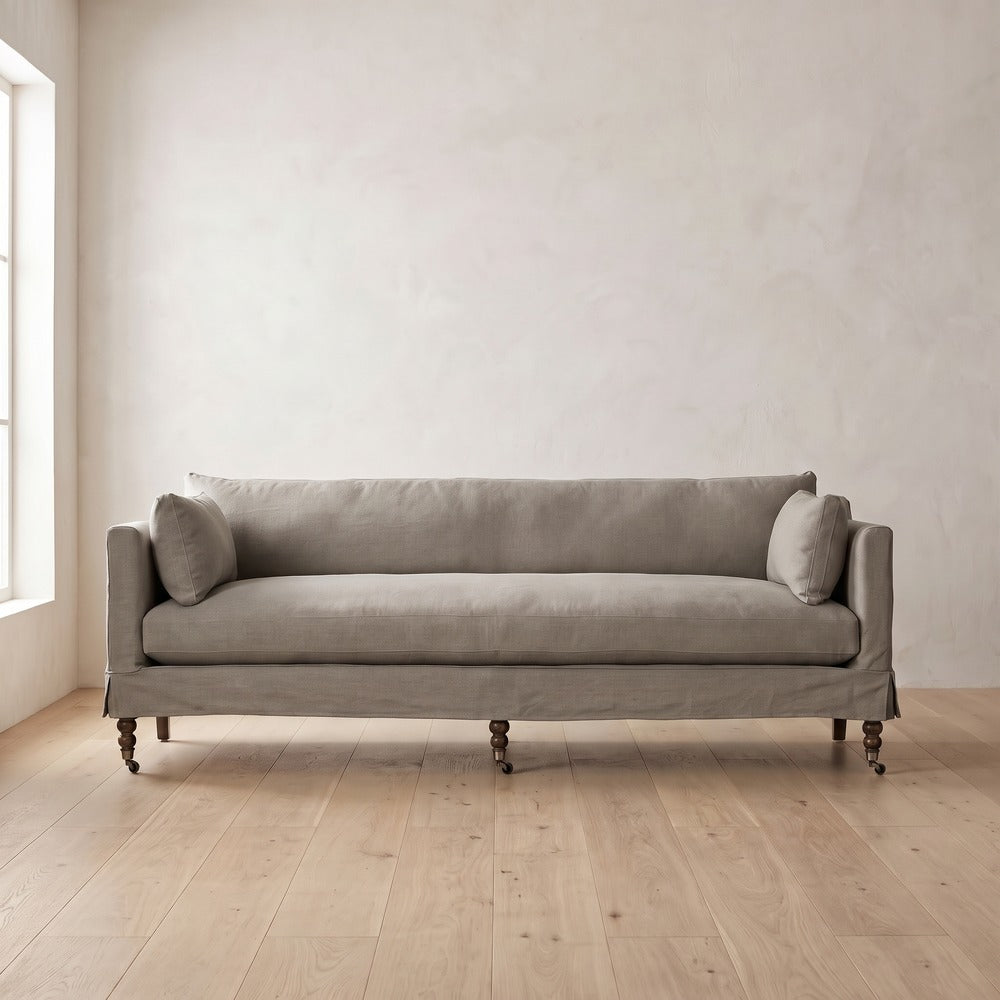 Madeline Short Skirt Settee in Putty Linen