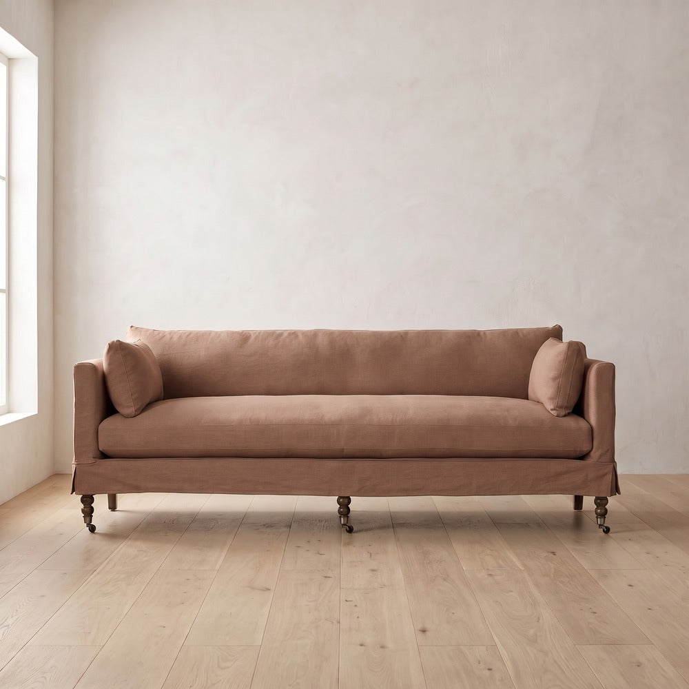Madeline Short Skirt Settee in Terracotta Linen
