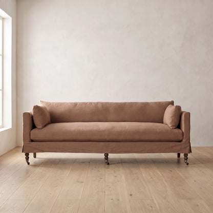 Madeline Short Skirt Settee in Terracotta Linen