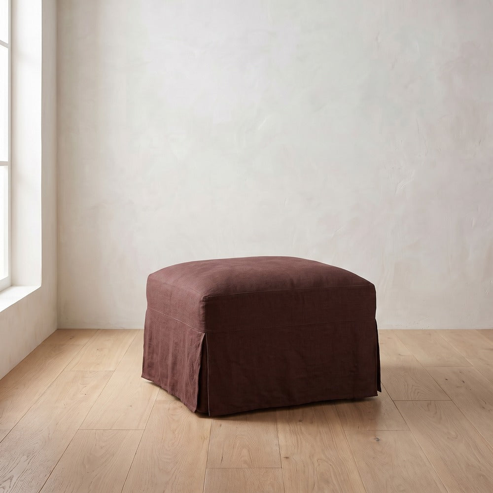 Madeline Slipcover Ottoman in Burgundy Linen