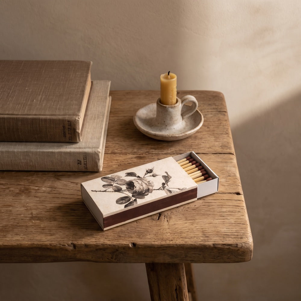 Matches in Box, Sepia Floral, styled at home
