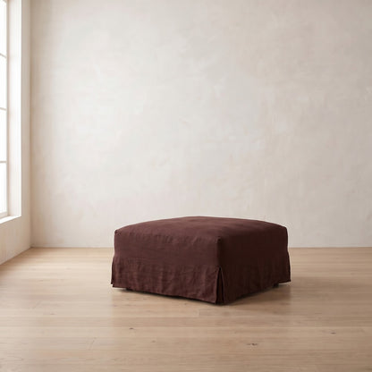 Moreau Slipcover Ottoman in Burgundy Linen