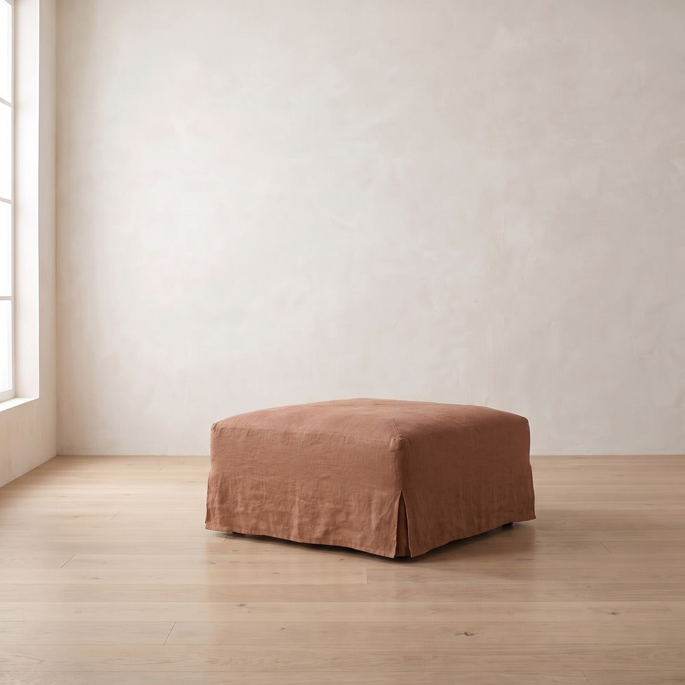 Moreau Slipcover Ottoman in Terracotta Linen