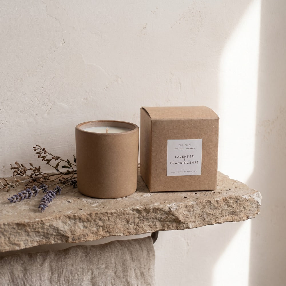Na Nin Terracotta Ceramic Candle, Lavender / Frankincense, styled at home