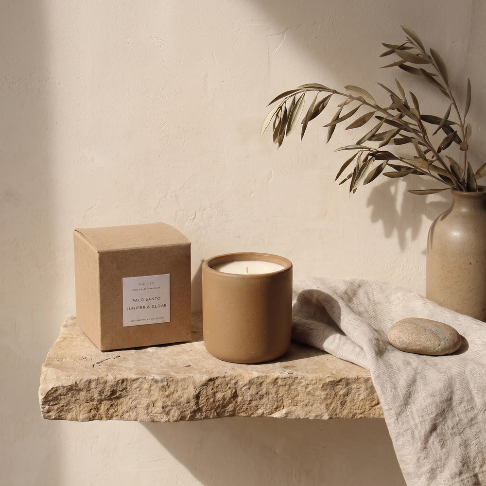 Na Nin Terracotta Ceramic Candle, Palo Santo / Juniper / Cedarwood, styled at home