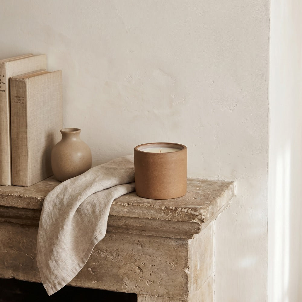 Na Nin Terracotta Ceramic Candle, Sage / Eucalyptus, styled at home
