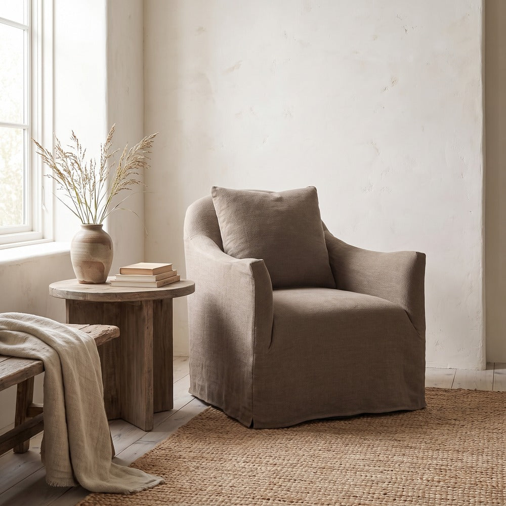 Noel Swivel Chair in Bark, styled at home