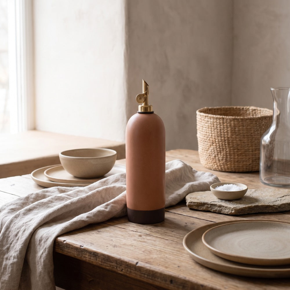 Peach Oil Bottle, styled at home