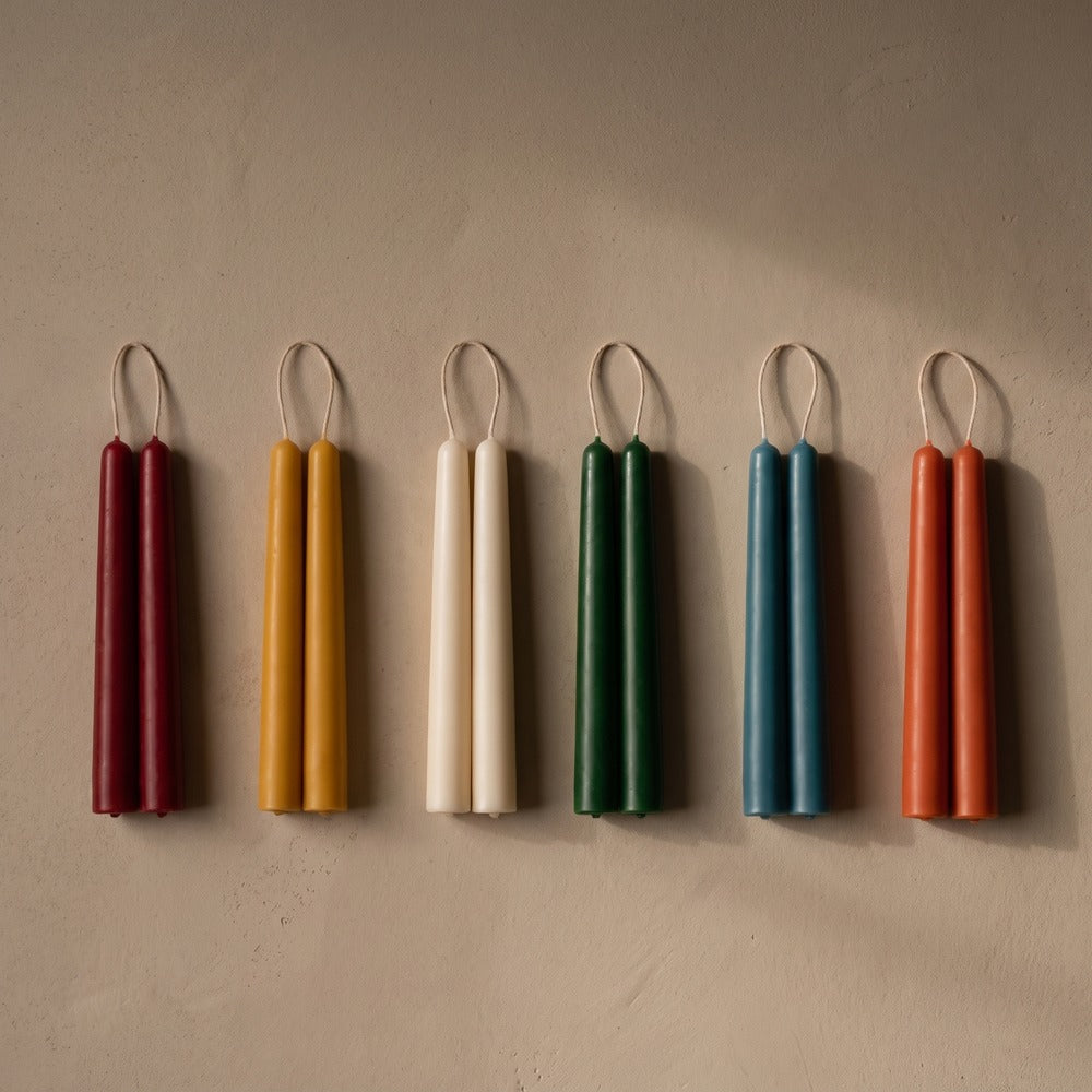 Petite Hand-Dipped Beeswax Taper Candles, styled at home