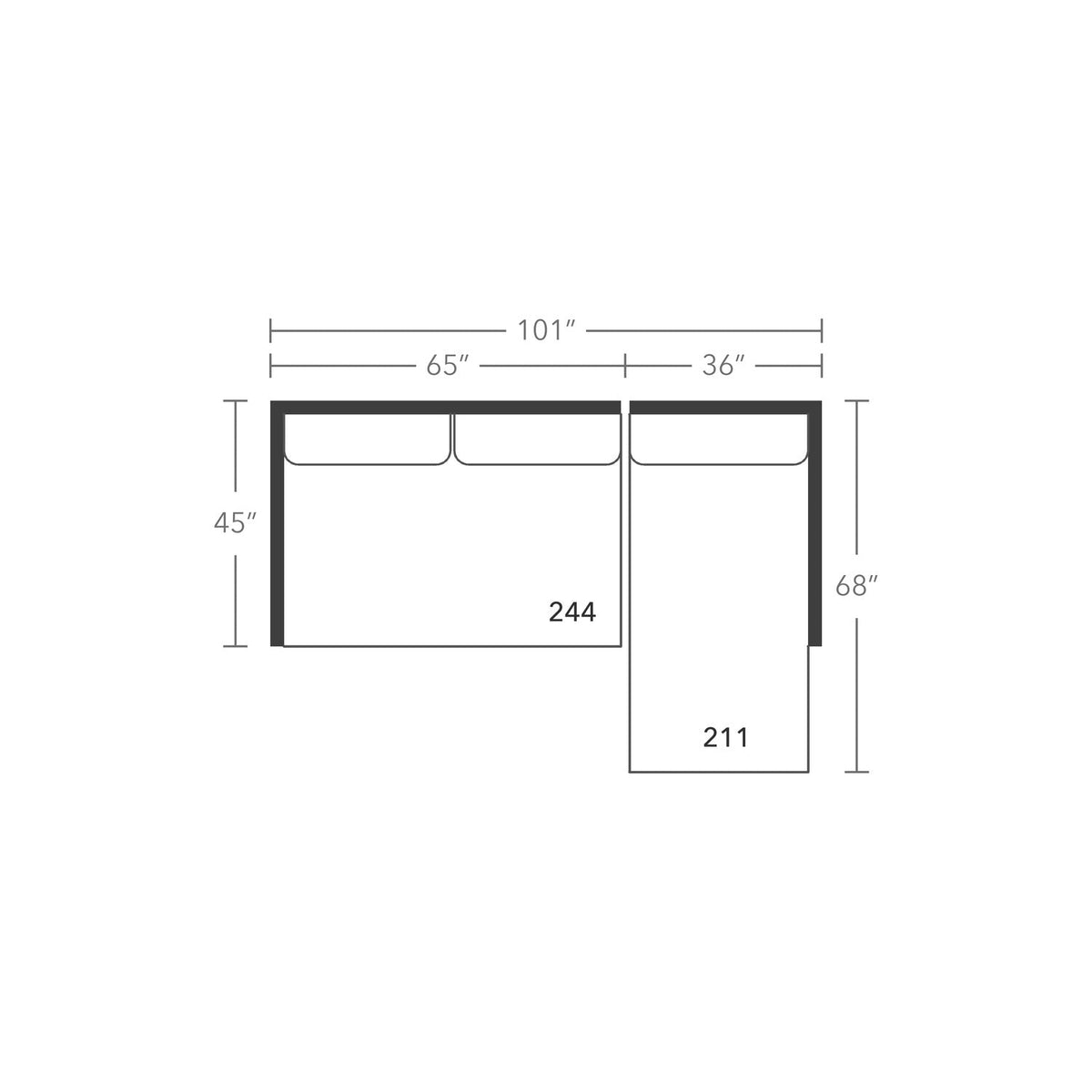 Plan drawing: Deep Seat, Right Chaise + 2 Seat End