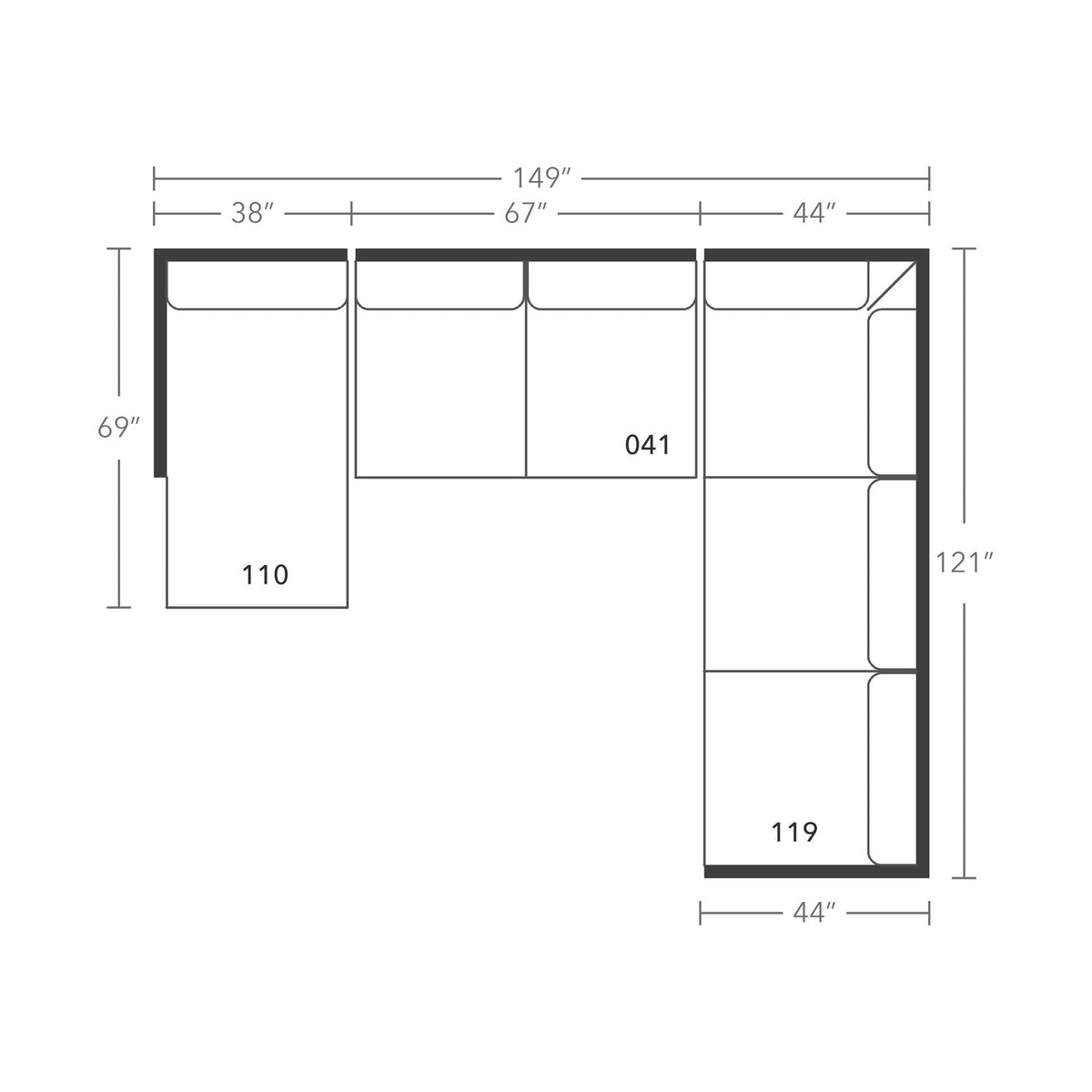 Plan drawing: Deep Seat, Left Chaise + Corner Side, Separate Cushions