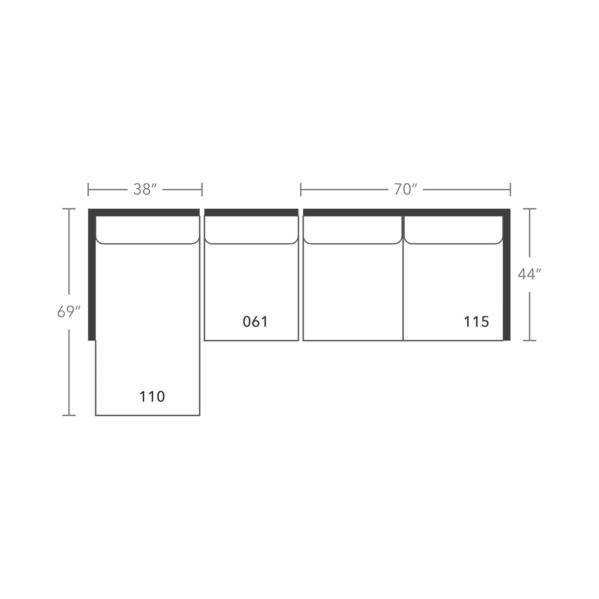 Plan drawing: Deep Seat, Left Chaise + 3 Seats, Separate Cushions