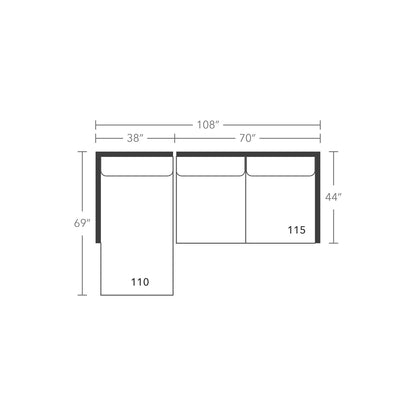 Plan drawing: Deep Seat, Left Chaise + 2 Seats, Separate Cushions