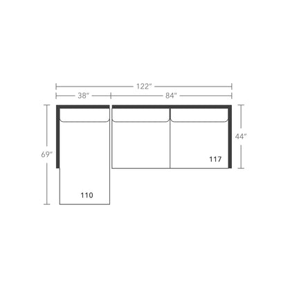 Plan drawing: Deep Seat, Left Chaise + 2 Wide Seats, Separate Cushions