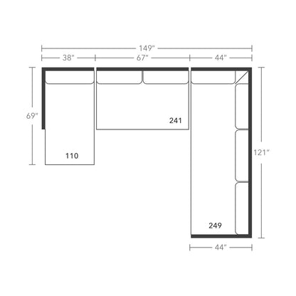 Plan drawing: Deep Seat, Left Chaise + Corner Side, Bench Cushion