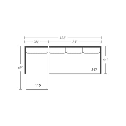 Plan drawing: Deep Seat, Left Chaise + 2 Wide Seats, Bench Cushion