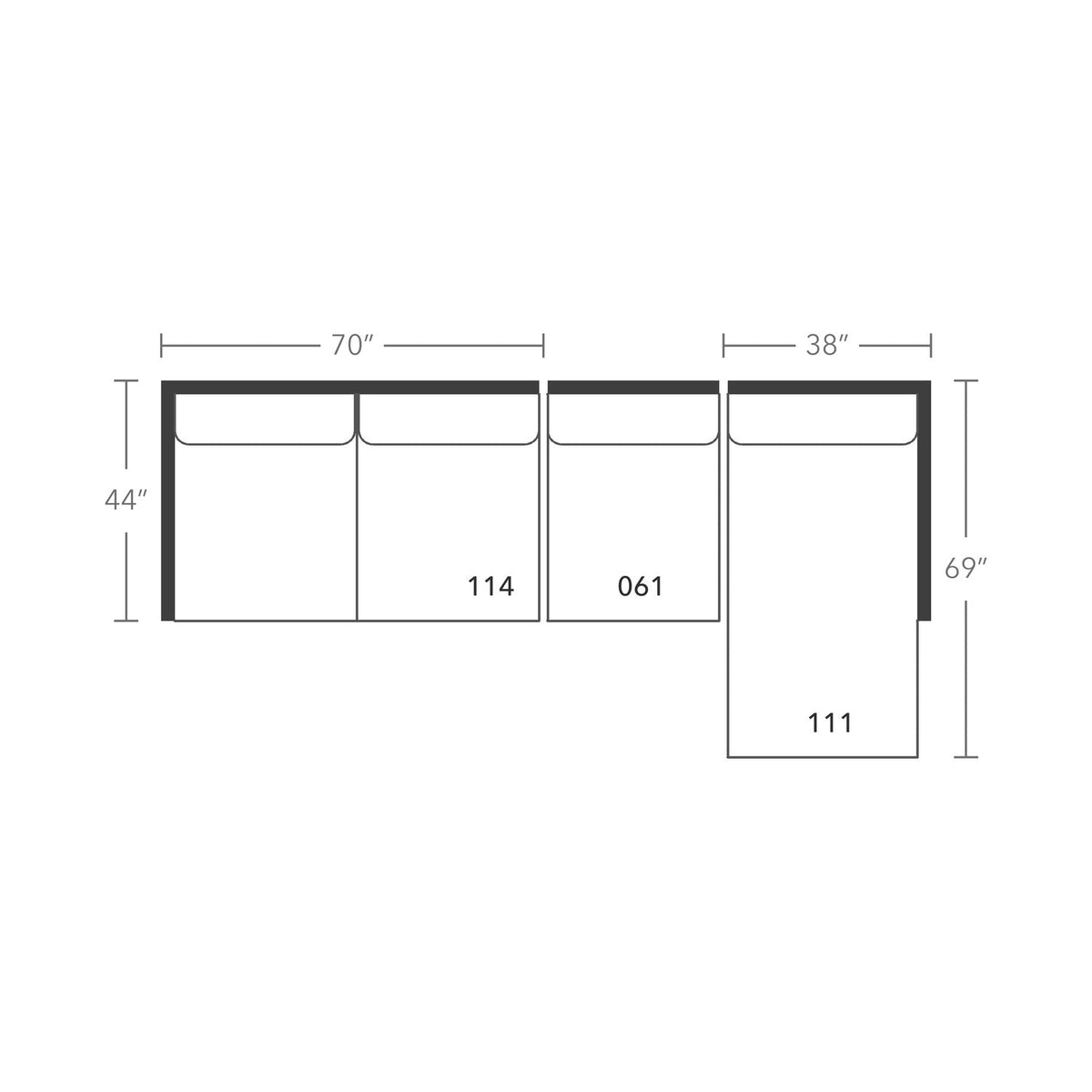 Plan drawing: Deep Seat, Right Chaise + 3 Seats, Separate Cushions