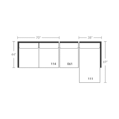 Plan drawing: Deep Seat, Right Chaise + 3 Seats, Separate Cushions
