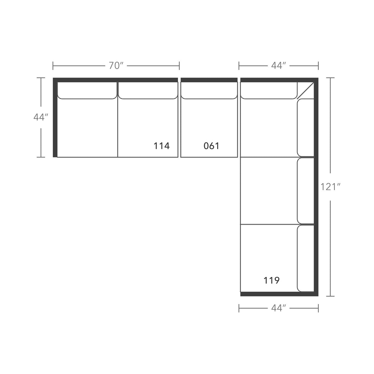 Plan drawing: Deep Seat, Right Return, 3 + 3 Seats, Separate Cushions