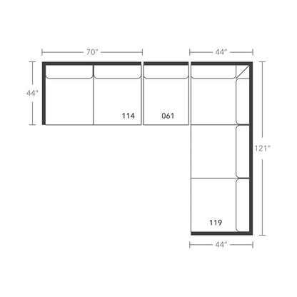 Plan drawing: Deep Seat, Right Return, 3 + 3 Seats, Separate Cushions