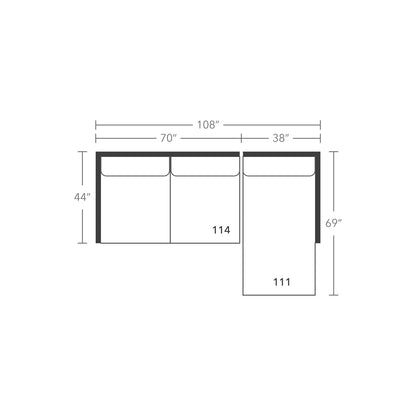 Plan drawing: Deep Seat, Right Chaise + 2 Seats, Separate Cushions