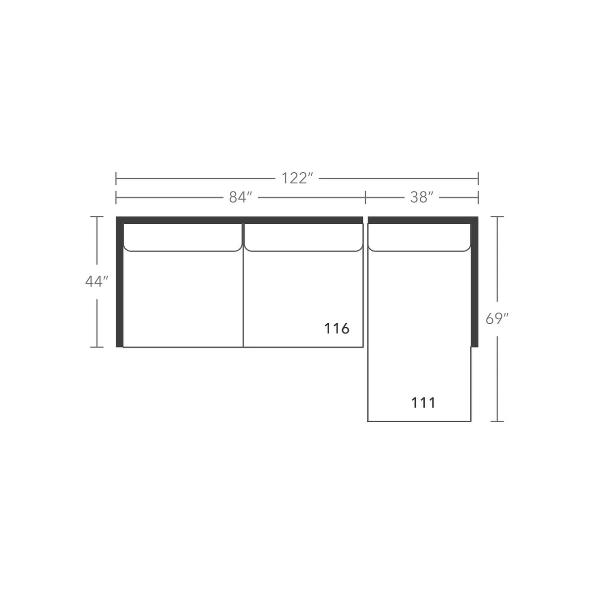 Plan drawing: Deep Seat, Right Chaise + 2 Wide Seats, Separate Cushions