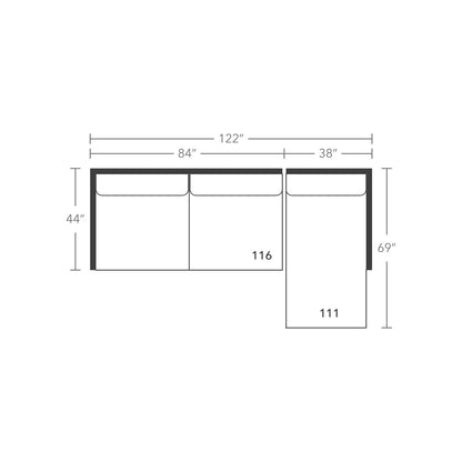 Plan drawing: Deep Seat, Right Chaise + 2 Wide Seats, Separate Cushions