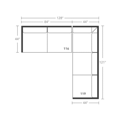 Plan drawing: Deep Seat, Right Return, 3 + 2 Wide Seats, Separate Cushions